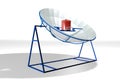 Parabolic solar cooker with blue structure with a red pot on white background. 3D Illustration