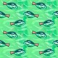 Paracanthurus hepatus hand painted watercolor patern design, turquoise green ocean waves background