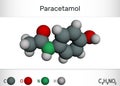 Paracetamol acetaminophen drug molecule. Chemical formula and molecule model
