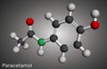 Paracetamol, acetaminophen molecule. It is is a non-opioid analgesic and antipyretic agent. Molecular model. 3D rendering