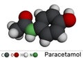 Paracetamol, acetaminophen molecule. It is is a non-opioid analgesic and antipyretic agent. Molecular model. 3D rendering