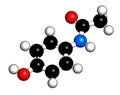 Paracetamol acetaminophen pain relief and fever reducing drug molecule. 3D rendering. Atoms are represented as spheres with.