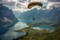 parachute deploying above a picturesque landscape Royalty Free Stock Photo