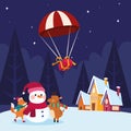 Parachute falling with gift box and snowman with christmas animals over snowy night background