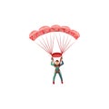 Parachute jumper in the green suit flying with the red parachute. Vector illustration in a flat cartoon style.