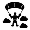 Parachute jumper solid icon. Parachutist and clouds vector illustration isolated on white. Parachuting glyph style