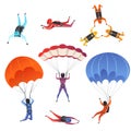 Parachute jumpers. Extreme sport skydiving paragliding male and female sportsmen in sky vector characters