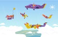 Parachute jumping or skydiving banner with airplane and people, flat vector.
