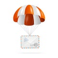 Air shipping concept with parachute. Package, mail, presents or gift flying down from sky with parachute in flat design Royalty Free Stock Photo