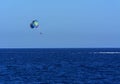 Parachute over the sea against a blue sky and clear sea water, towing on a boat. Riding a parachute behind a boat.