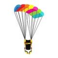 Parachute pack with opened parachute. Skydiving bright extreme sport equipment