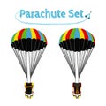 Parachute pack with opened parachute. Skydiving bright extreme sportrs