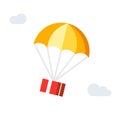 Parachute preset box flying from sky vector flat cartoon icon concept, gift pack send or postal package delivery service Royalty Free Stock Photo