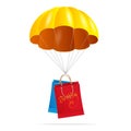 Air shipping concept with parachute. Package, shopping bags, presents or gift flying down from sky with parachute in flat design Royalty Free Stock Photo