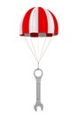 Parachute and spanner on white background. Isolated 3D illustration Royalty Free Stock Photo
