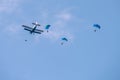 Parachute troupers drop of in the air at Bucharest international air show BIAS