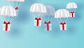 Parachute white floating on sky.Delivery service with Gift Box on blue background.happy new years and merry Christmas.Festival