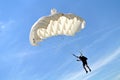 Parachuter, skydiver jumping and skydiving with white color parachute on parachuting competition, extreme sport