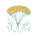 Parachuting sport concept. Sketch vector bright illustration with hand drawn skydiver flying with a parachute