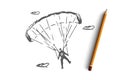 Parachutist, extreme, skydiving, sport, fly concept. Hand drawn isolated vector.