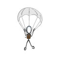 Parachutist jump. Paratrooper fly in the sky. Skydiving. Hand drawn. Stickman cartoon. Doodle sketch, Vector graphic illustration