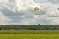 Parachutist lands in a field of grass Royalty Free Stock Photo