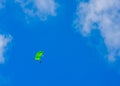 A parachutist with a light green parachute canopy against a background of blue sky and white clouds. Skydiving