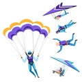 Parachutist and paraglider, skydiving isolated characters, sky jumping