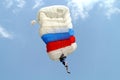 Parachutist with white blue red parachute on parachuting competition