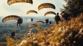 Parachutists military exercise. Many soldiers with parachutes in the sky