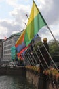 Parade of all flags of the 12 provences on the site of the Hofvijver in The Hague Den Haag in the Netherlands with green yellow. Royalty Free Stock Photo