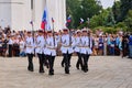 The parade of graduates of the cadet school in the Moscow Kremlin. Military men in white uniform march with rifles - Kremlin,