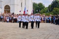 Parade of graduates of the cadet school in the Moscow Kremlin. Military with rifles on Cathedral square-Kremlin, Moscow, Russia,