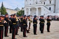 The parade of graduates of the military music school in the Moscow Kremlin. Cadets with musical instruments on Cathedral Square -