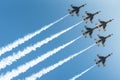 Parade of military aircrafts flying in a sky