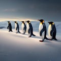 A parade of penguins wearing tuxedos and bowties while sliding on icy slopes under the moonlight1