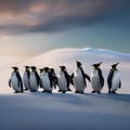 A parade of penguins wearing tuxedos and bowties while sliding on icy slopes under the moonlight3