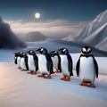 A parade of penguins wearing tuxedos and bowties while sliding on icy slopes under the moonlight2