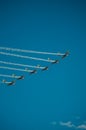 parade of planes flying in the blue sky