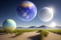 A parade of planets over a sandy desert planted with plants. Abstraction. AI generative. Royalty Free Stock Photo
