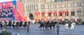 Parade on Red Square in Moscow, Cavalry in historical military uniform from World War II.