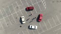 A parade of retro cars of the same brand. Aerial view with a circle overfly