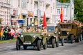 Parade Soviet Military Cars WW2 Time, People Soldiers Uniform.