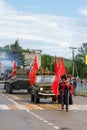 Parade on victory day with the participation of schoolchildren, Cossacks and military equipment