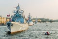 The parade of warships in the Neva river Royalty Free Stock Photo