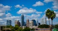 Paradise Austin Texas Skyline Sunny Day Blue Sky with Two Tropical Palm Trees Closer Royalty Free Stock Photo