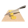A knife cuts the coins on the board with a map, on white background. Vector