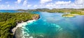 Paradise beach and bay in Carribean archipelago in Antilles with transparent turquoise sea water and coral reefs. Aerial drone Royalty Free Stock Photo
