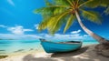 Paradise beach with boat, copy space for text, ideal vacation destination for relaxation and serenity