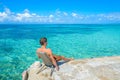 Paradise beach on island caye Carrie Bow Cay Field Station, Caribbean Sea, Belize. Tropical destination